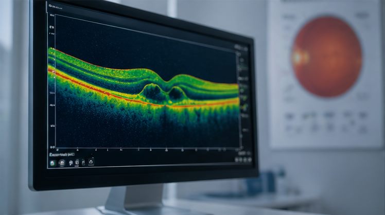 OCT retinal scan displayed on a clinic monitor