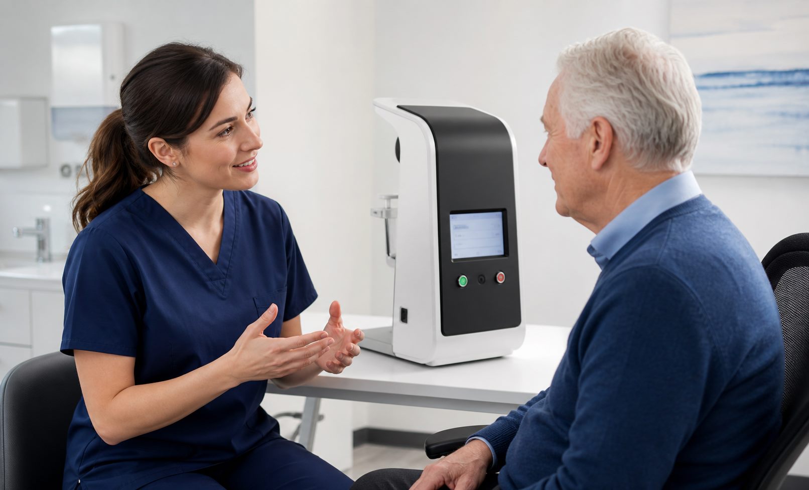 Clinician discussing photobiomodulation with an older patient beside a light treatment device