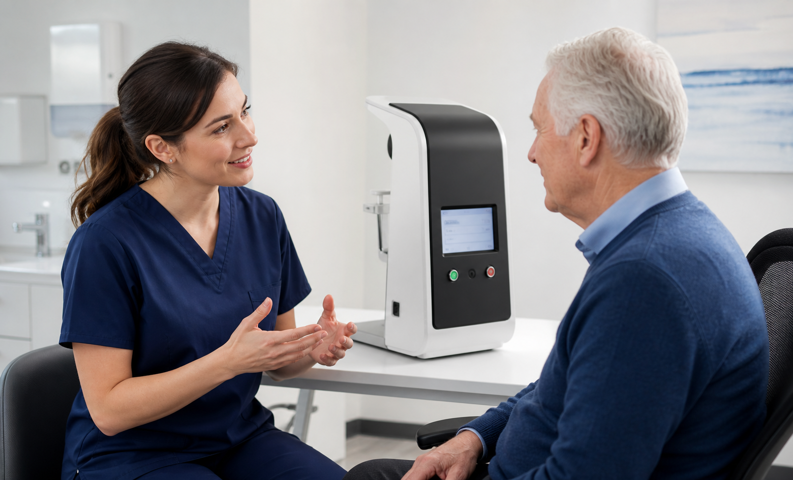 Clinician discussing photobiomodulation with an older patient beside a light treatment device
