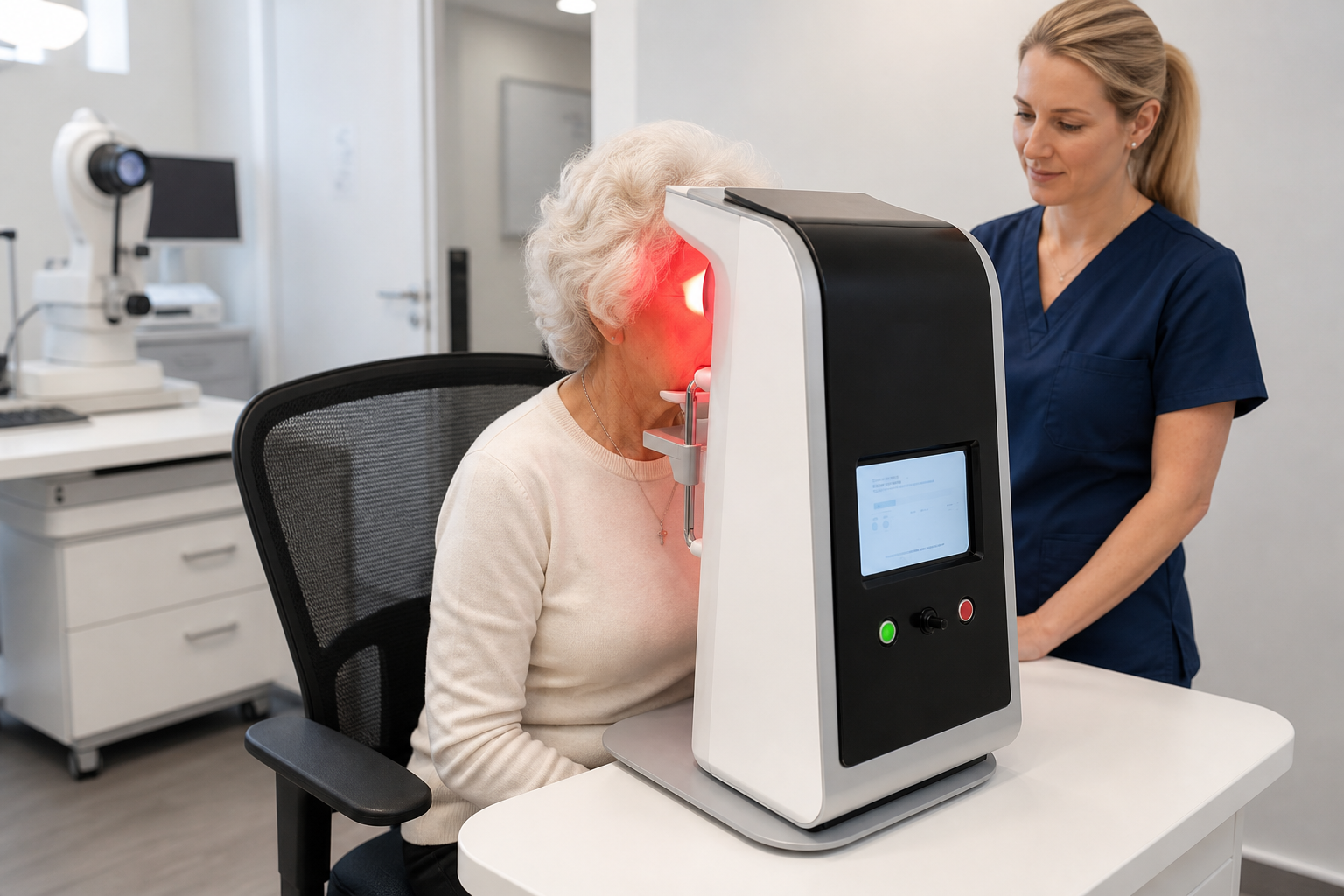 Older patient receiving supervised photobiomodulation light treatment