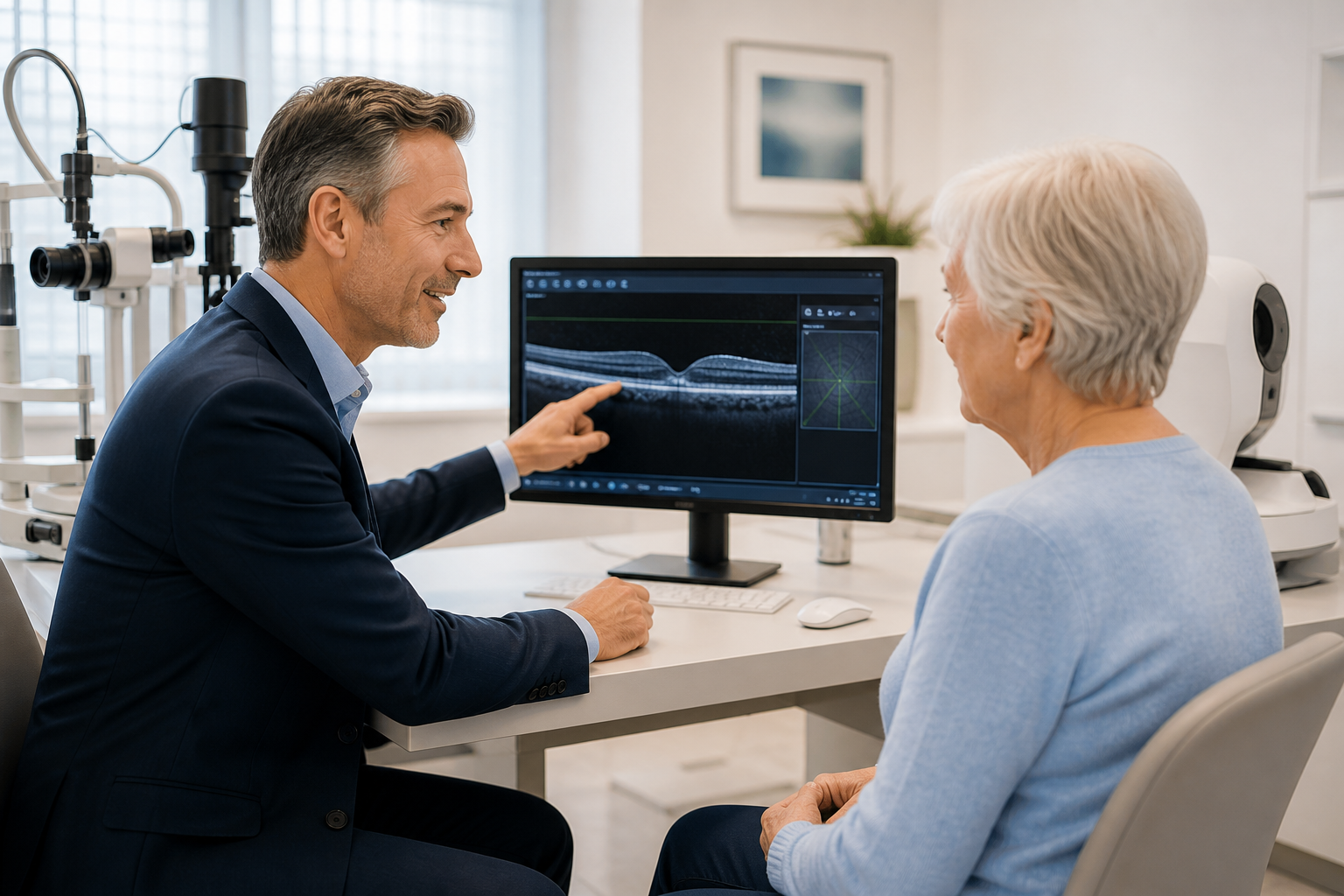 Ophthalmologist showing an OCT retinal scan to an older patient